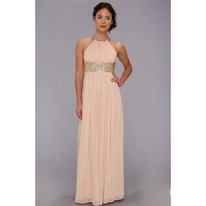 NWT Calvin Klein Formal Maxi PROM Dress Nude Flowy Chiffon Layers Ballet 10